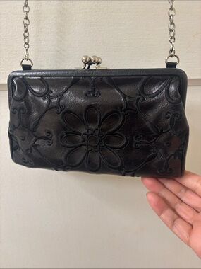 Brighton Black Leather Floral Embossed Frame Evening Bag with Chain